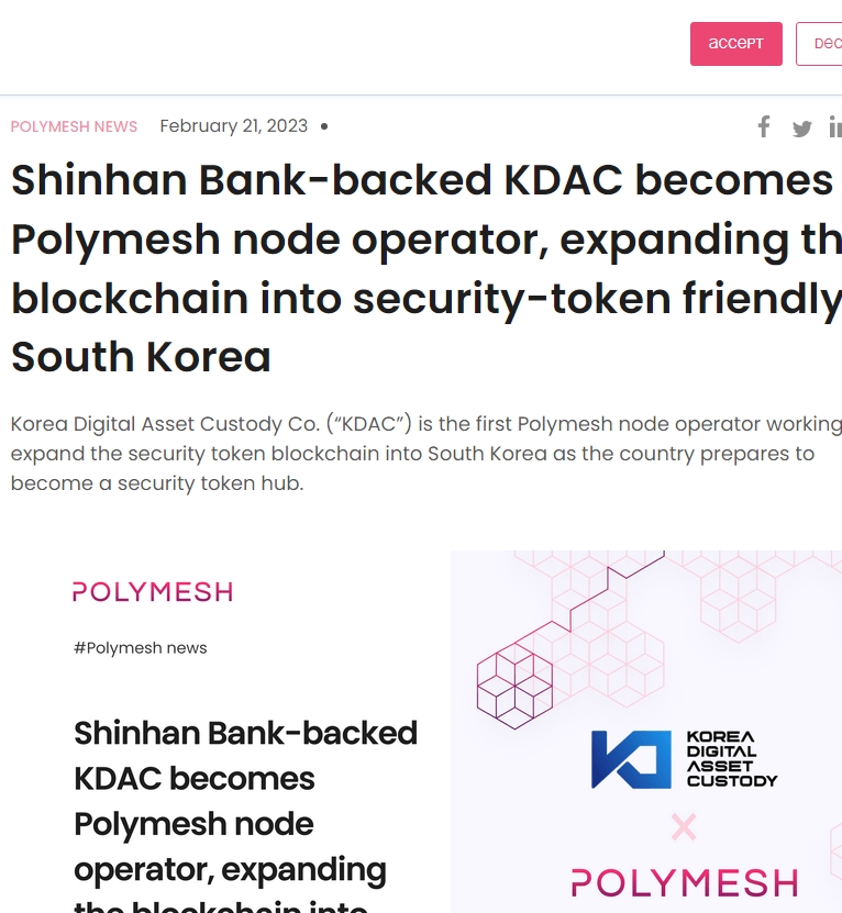 Shinhan Bank-backed KDAC becomes Polymesh node operator, expanding